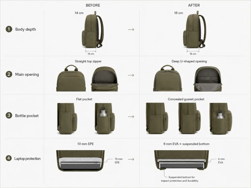 Custom backpack DFM revisions showing changes to body depth, main opening, bottle pocket and laptop protection
