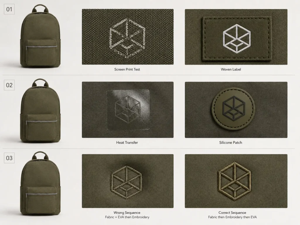 Factory testing examples comparing screen print, woven label, heat transfer, silicone patch and embroidery sequence for backpacks