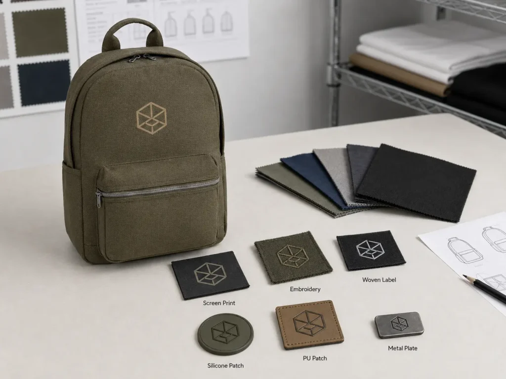 Backpack logo method samples including screen printing, embroidery, woven label, silicone patch, PU patch and metal plate