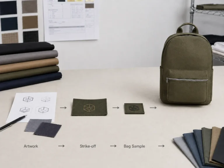 Custom backpack logo methods shown with embroidery, woven labels, silicone patches and fabric samples