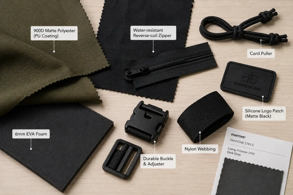 Custom backpack materials and components including 900D polyester, EVA foam, zipper, webbing and cord puller
