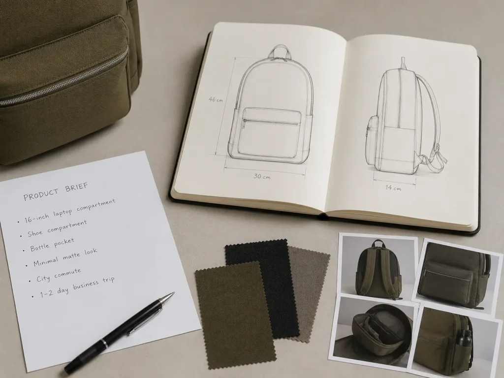 Custom backpack product brief with hand sketch, dimensions, reference details and functional requirements