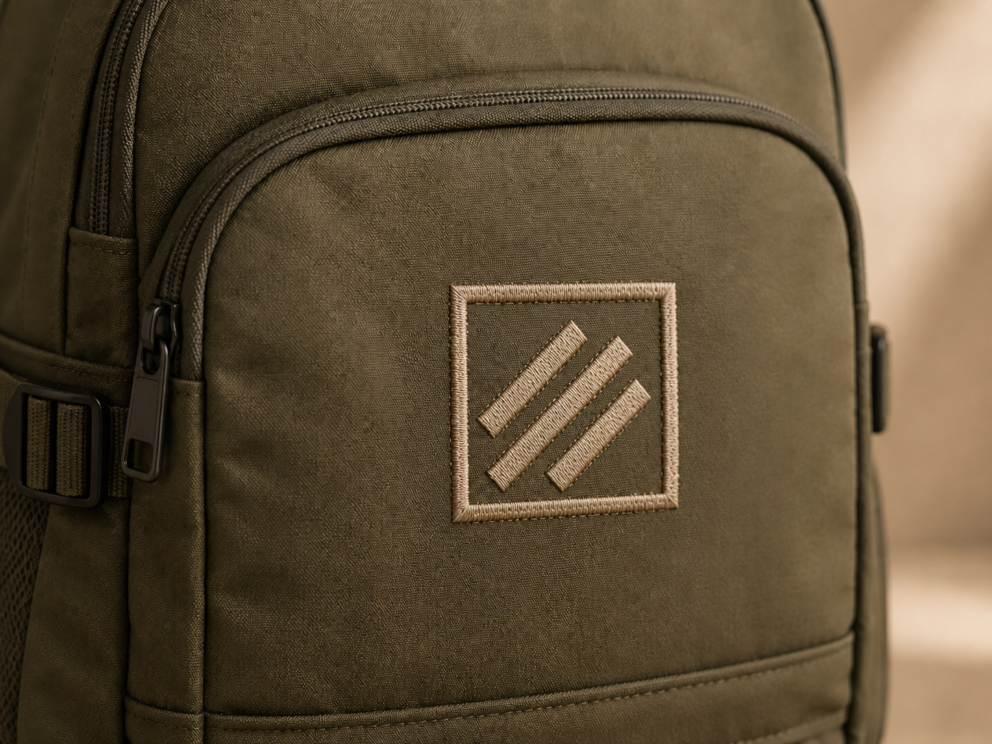 Embroidery method sample on a custom bag with a neutral geometric stitch pattern
