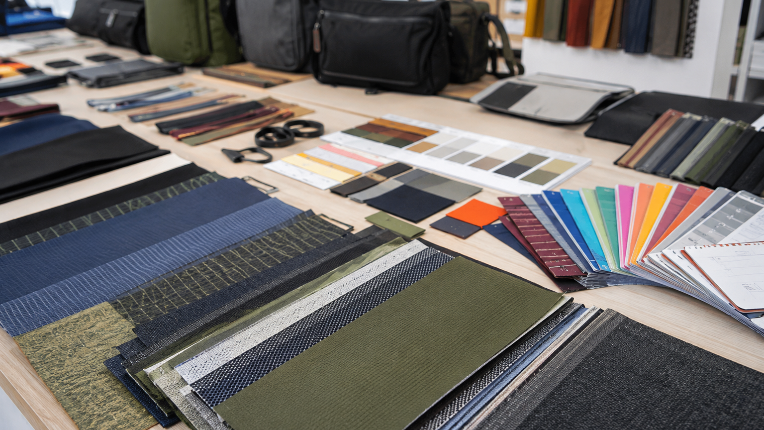 Outer fabrics, trims and color samples reviewed for custom bag development