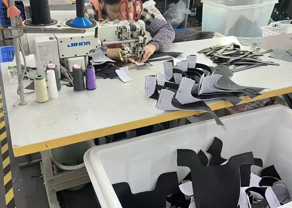 Factory sewing custom bag components for repeatable bulk production