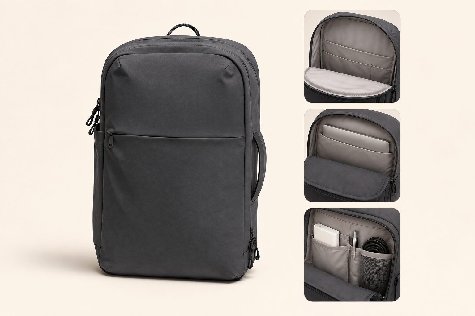 Custom commuter backpack showing a padded laptop sleeve and organizer compartments