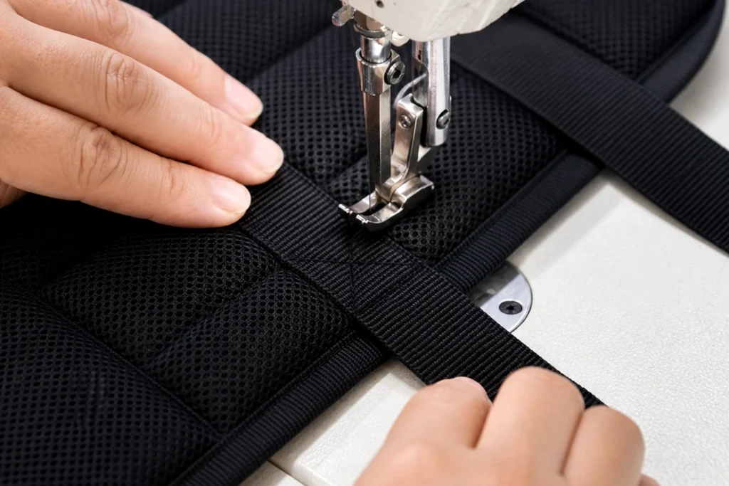 Box-X reinforcement sewing on custom duffel bag handle webbing