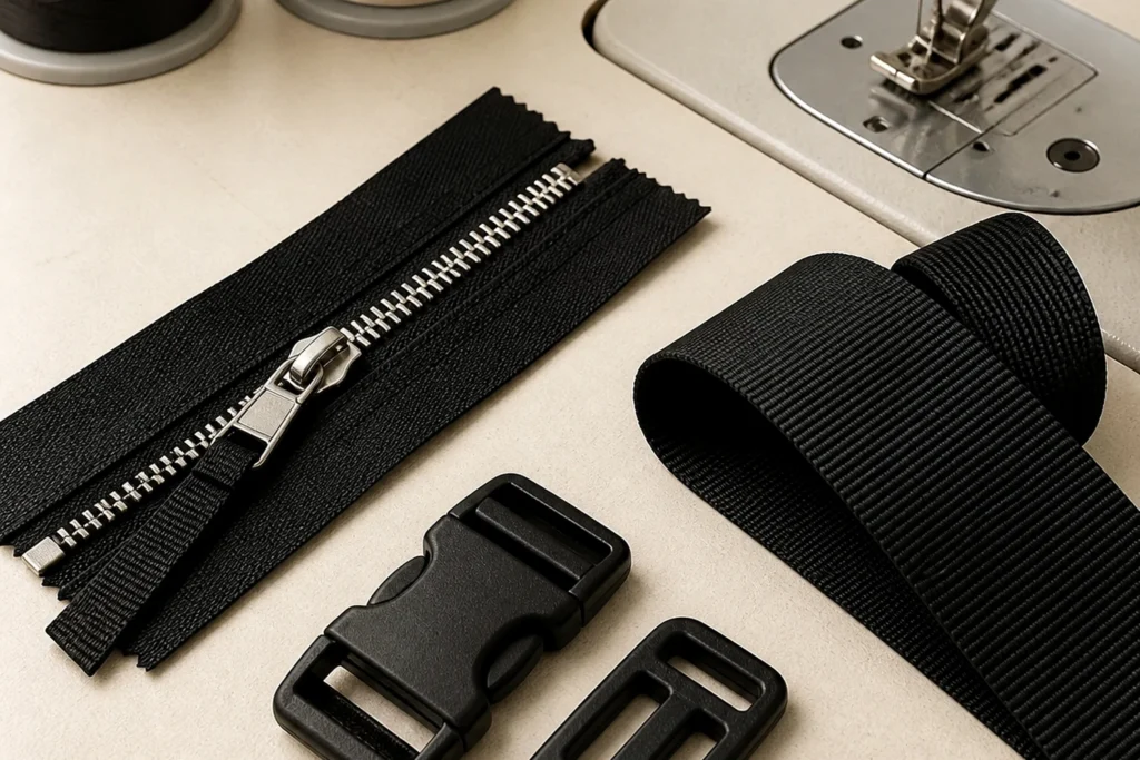 Zipper webbing buckle and D-ring components for custom duffel bag sample