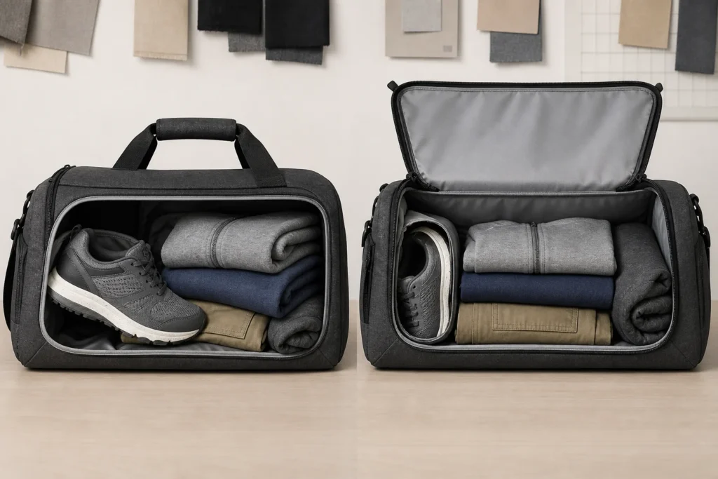Illustration comparing restricted access with a wider U-shaped opening on two loaded custom duffel bags.