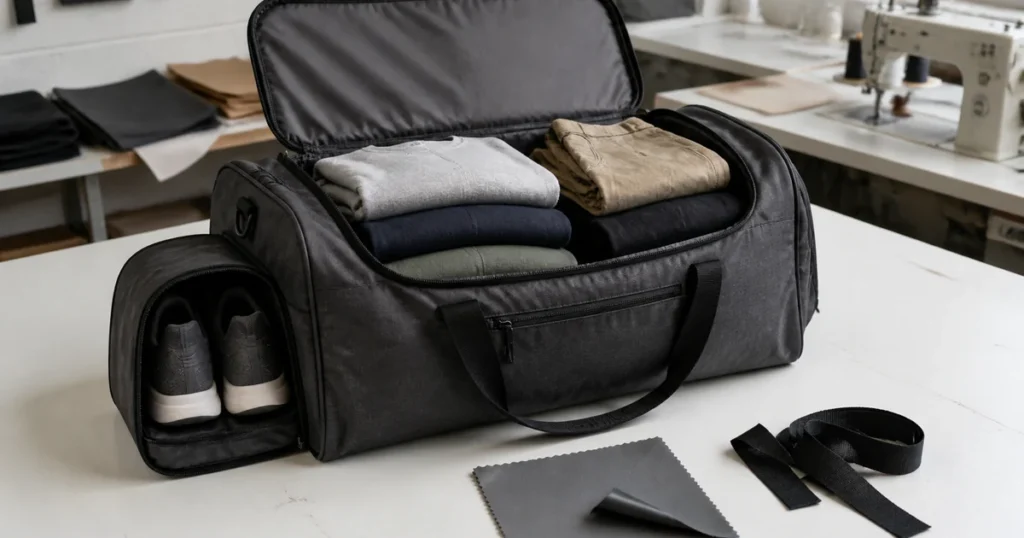 Custom duffel bag sample with a U-shaped opening, separate shoe compartment and folded clothing on a sample-room table.