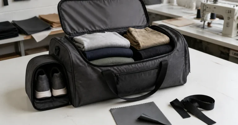 Custom duffel bag sample with a U-shaped opening, separate shoe compartment and folded clothing on a sample-room table.