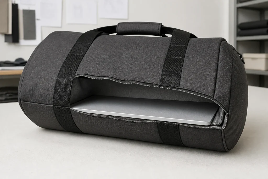 Zipper, black webbing and buckle components arranged beside a sewing machine for custom duffel bag development.