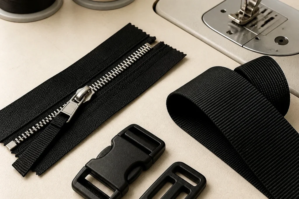 Illustrative cutaway showing handle webbing continuing beneath a custom duffel bag and a removable base board in the bottom layer.