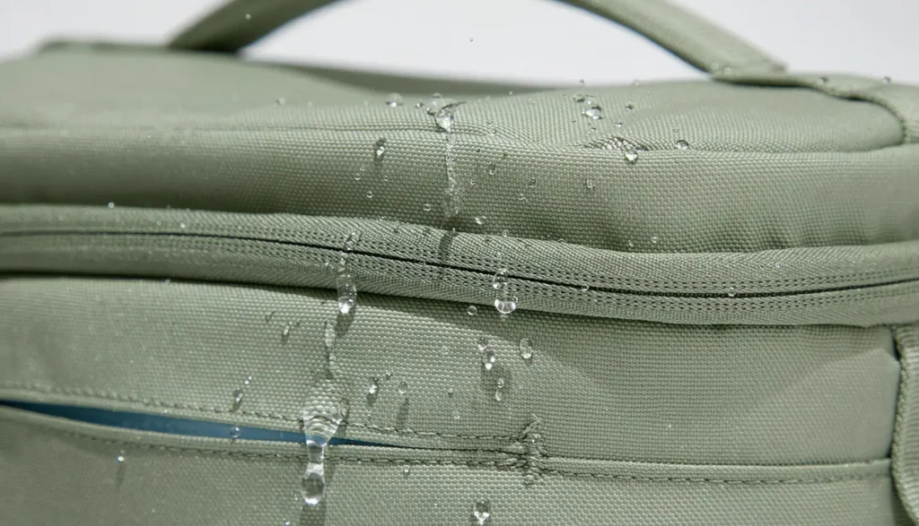 Cooler bag outer fabric beading water droplets, water-resistant
