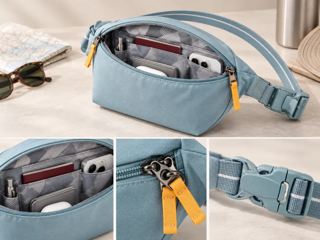 Travel crossbody bag with organized compartments, zipper detail and buckle detail