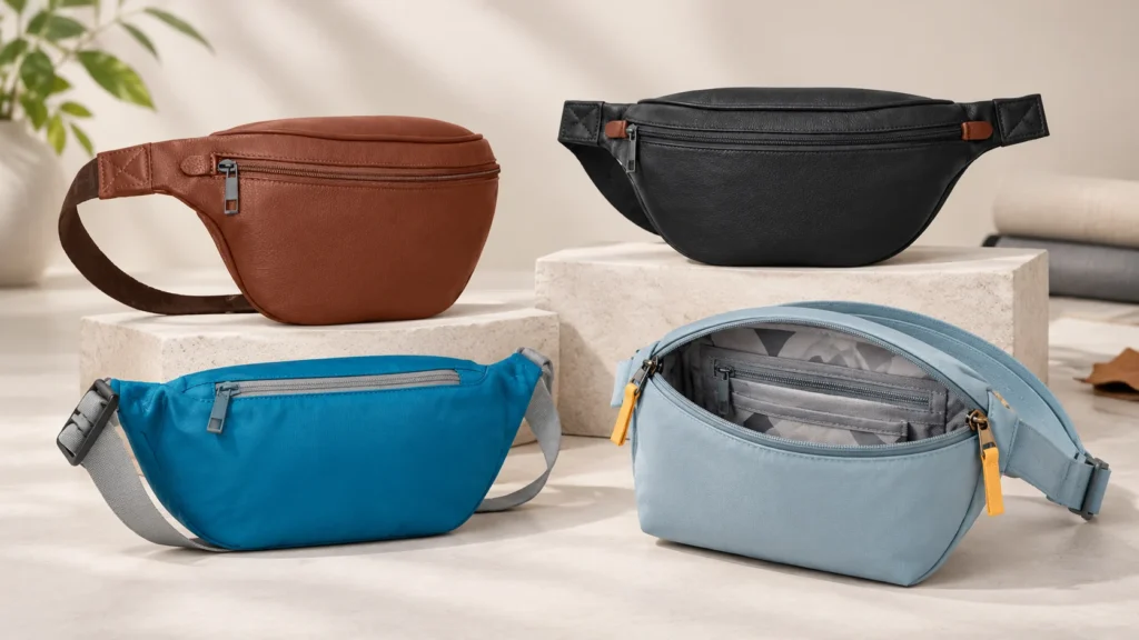 Different types of crossbody bags including waist bags, sling bags and organized travel crossbody styles